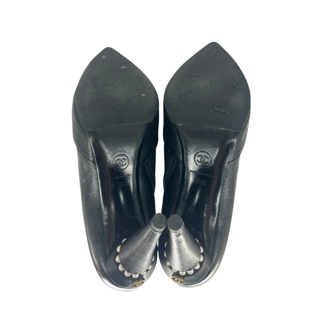 Chanel Pearl‎ CC Cone Heel Ankle Boots Black Leather Pointed Toe Size 39.5